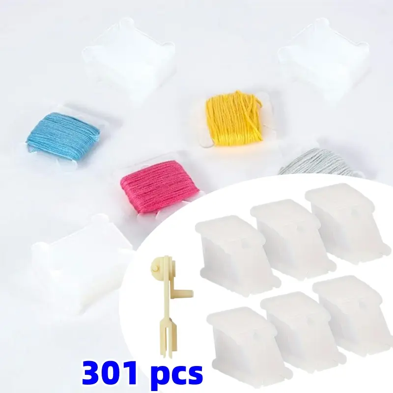 300-Pack Durable Lightweight Transparent Plastic Spools (1.4" W, 1.5" L) with 1 Winder, Sewing/Embroidery/Bracelet Making Tool for Craft Room Needlework Projects (300 Pcs Bobbins & 1 Pcs Winder Set)