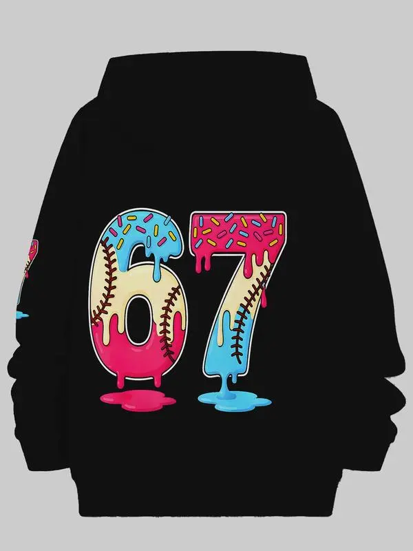 Unisex Streetwear Hoodie, Men's Sporty 67 Donut Baseball Graphic Sweatshirt, Soft 100% Cotton Pullover for Fall & Winter, Menswear, Long Sleeve, Casual, Knitted, Sweatshirts, Breathable, Tops, Easy Gift For Birthdays And Holidays, Graphic Print
