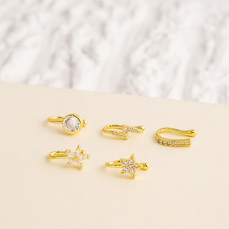 Nose accessory with non perforated U-shaped nose clip and micro inlaid zircon heart lightning crown nose nail made of copper material, easy to wear