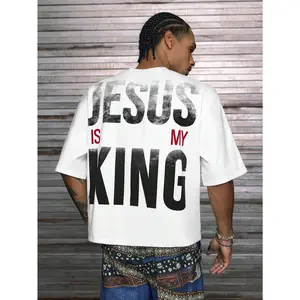 [Order Size Up]Jesus Is My King Printed Patchwork Oversized V-Neck Short Sleeve T-Shirt, Multi Sizes For Men, Streetwear Fit