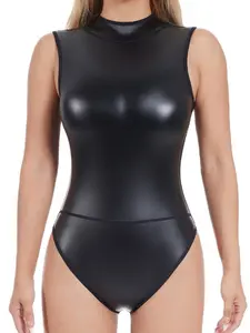 European and American High Quality Sleeveless PU Bodysuit, Patent Leather Sexy Tights Back Zipper Vest Triangle Plus Size Set