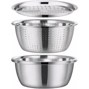 1 Set of Multifunctional Stainless Steel Basin,3-in-1 Stainless Steel Basin Strainer Set,Including Solid Basin Drainer and Grater,Easy to Clean and Improve Cooking Efficiency, Kitchen Strainer Utensils, Food Colander Kitchenware