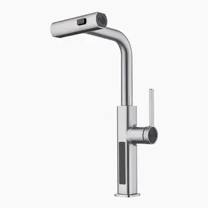 Pull-Out Waterfall Kitchen Faucet with Temperature Display in Fahrenheit, Three Water Outlet Modes, Single Hole, Brushed Nickel, KF2209-0 Lefton