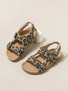 Trendy Leopard Print Kids Birkken Sandals, Dual Buckle Soft Wood Sole, Breathable Anti-Slip Summer Shoes for Boys and Girls