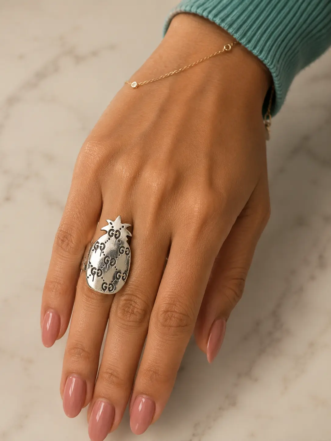 Pre-owned Gucci Sterling Silver Ghost Pineapple Motif Ring