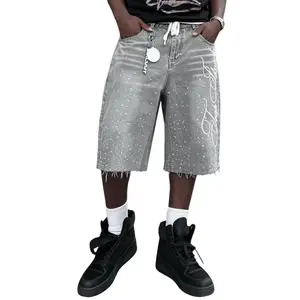 Studded embroidered casual jeans, letter embroidery shorts, American street style, fashionable everyday denim wear, high waist, button fly, suitable for all seasons, Father’s Day gift
