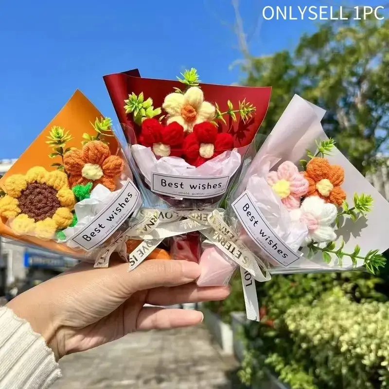Handmade Crochet Mini Flower Bouquet, Eternal Artificial Floral Gift, Birthday, Graduation, Emotional Support, Spring & Summer Decor