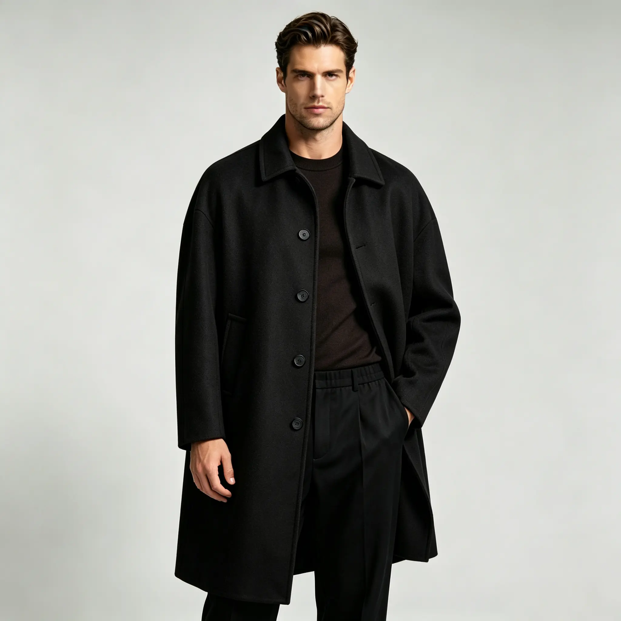 Men’s vintage loose-fit drop-shoulder long faux wool coat suitable for autumn and winter; single-breasted lapel commuter outerwear extending beyond the knees; thick, warm wool-style windbreaker with a casual look and comfortable design.