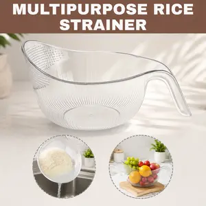 Aesthetic Multifunctional Rice Strainer Basket with Handle - Sturdy BPA-Free Transparent Plastic Kitchen Utensil, Colander for Draining Vegetables, Fruits