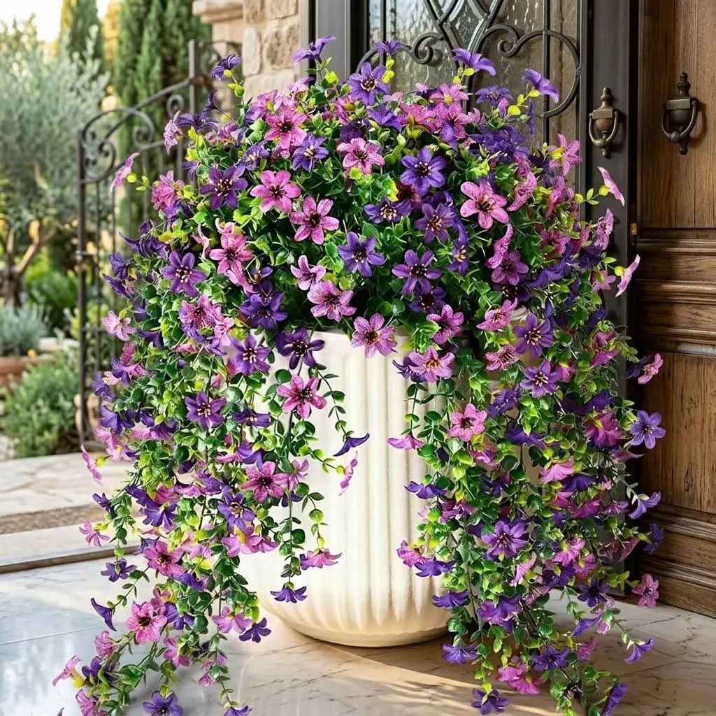 4-Bundle Artificial Plant Set - UV-Resistant Durable No-Fade Silk Daisies, Plastic Eucalyptus with Natural Texture, Boho Hanging Balcony Decor for Indoor/Outdoor Porch, Home Planter