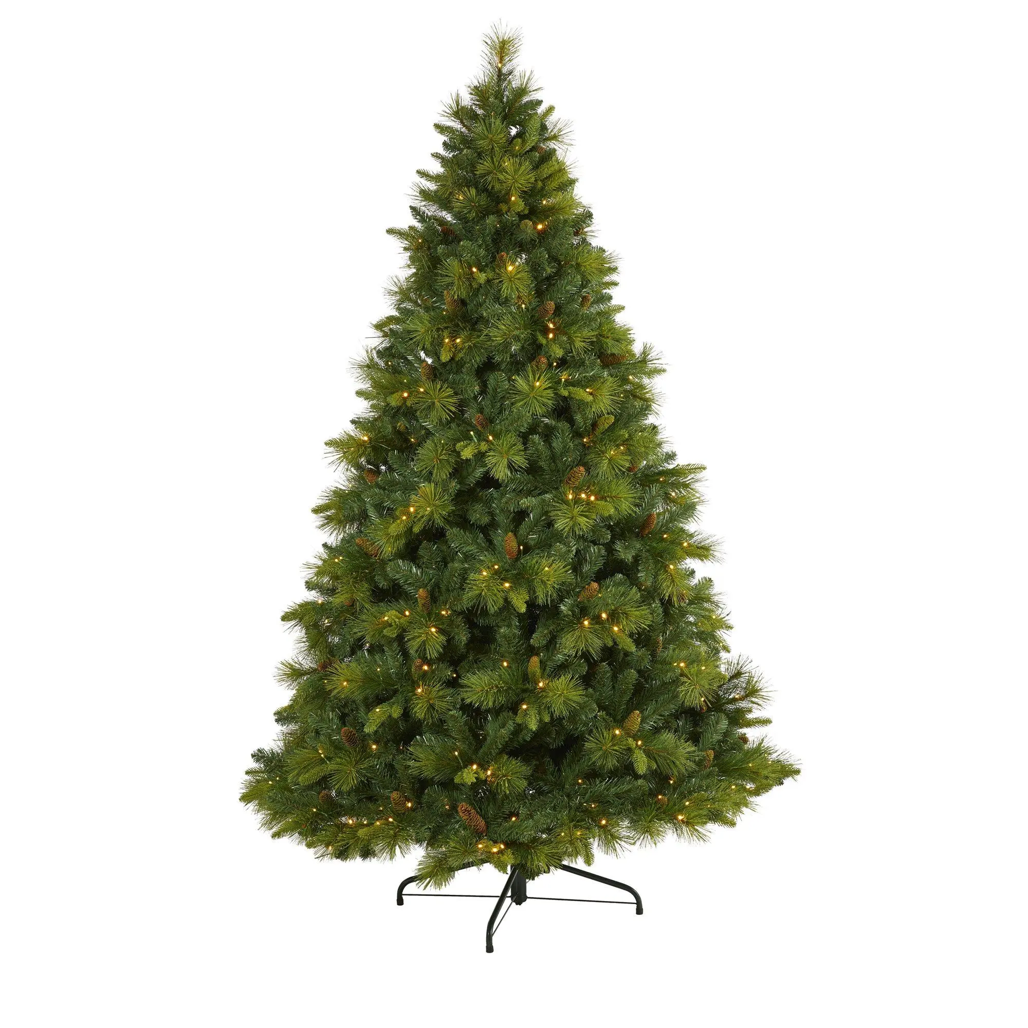 7.5' Tall Traditional North Carolina Mixed Pine Evergreen Artificial Christmas Tree - Holiday Festive Decoration with 470 Warm White LED Fairy Lights, 1895 Bendable Branches, Pinecone Ornaments, Metal-Strengthened Structure for Indoors, Artificial Tree