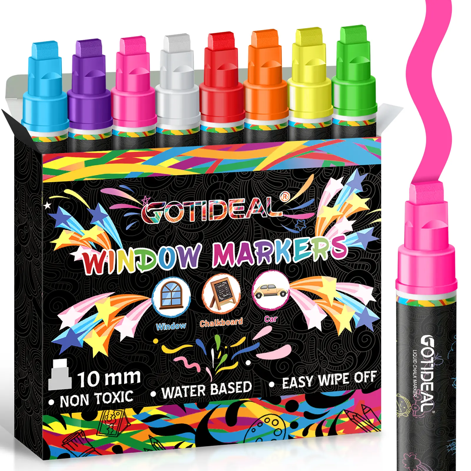 GOTIDEAL Window Markers,10mm Jumbo Chalk Markers for Blackboard,Washable Car Marker for Chalkboard,Glass Mirrow,Thick Tip Window paint markers Erasable for Wedding Married Painting,Menus(8 Colors
