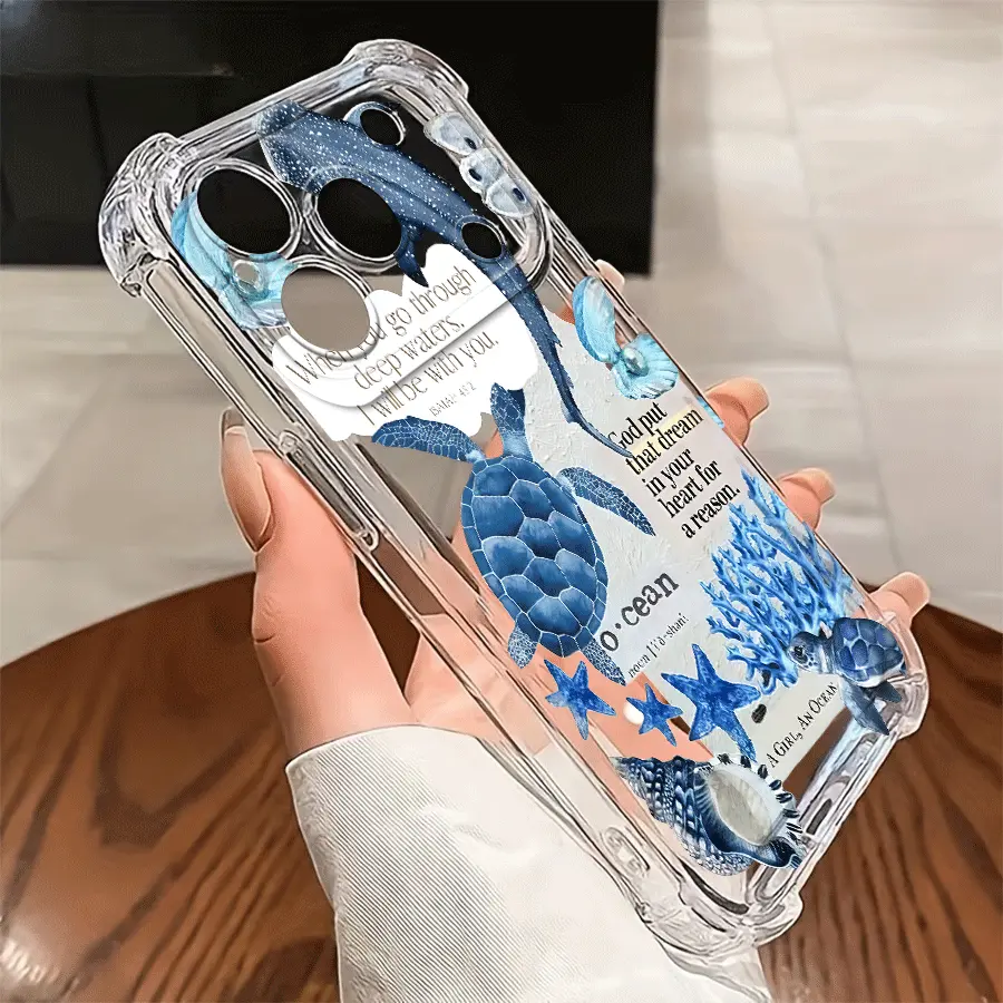 Transparent Bible Verse Isaiah 43:2 Blue Sea Turtle Whale Shark and Marine Life-Designed TPU Cellphone Cover with 4-Corner Airbag 5-Level Shockproof Protection, Phone Accessories for iPhone 11/12/13/14/15/16/17 Pro Max