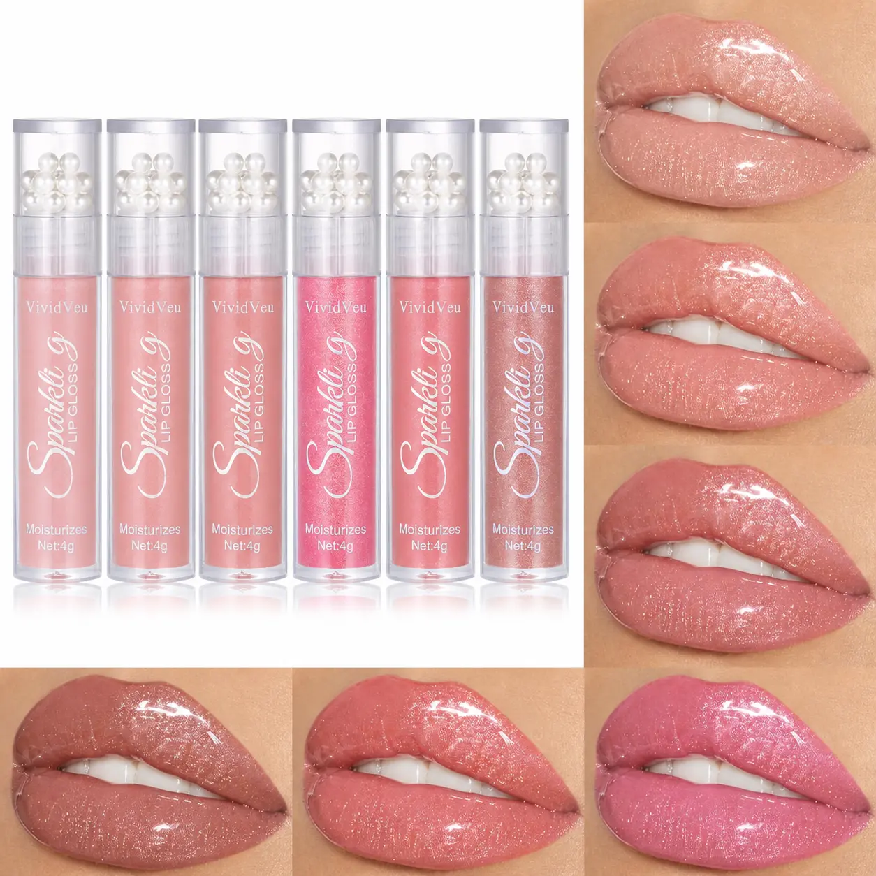 VIVIDVEU Women's 6-Color Pearl Lip Gloss Set - Alcohol-Free, Long-Lasting Hydrating Liquid Lipstick with Glossy Shimmer Lustre, Transfer-Proof Compact Elegant Makeup Products, Christmas Stocking Stuffers Gift for Women (Luscious Lips)