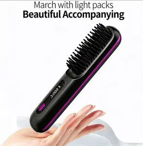 Ceramic Glaze Smooth Battery-Powered Wireless Hair Straightening Comb, Portable Daily Fast Styling Tool with 3 Adjustable Heat Settings, Power/Temp Screen, Auto Shut-Off, Ideal for Damaged or Thick Curly Coarse Hair