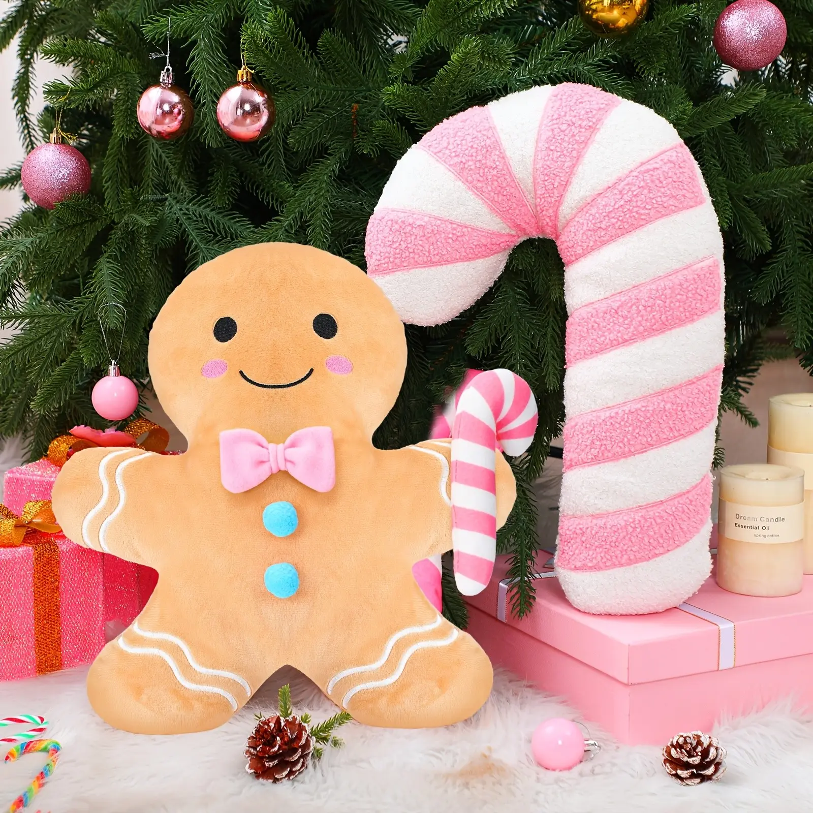2pcs Christmas Gingerbread Man Cane Pillow Christmas Plush Throw Pillow Decorations Couch Sofa Decor Plush Stuffed for Home Winter Holiday Party Decoration (Pastel)