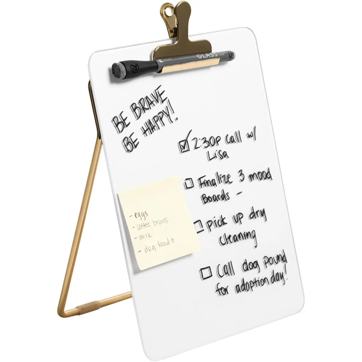 U Brands Vertical Tempered Glass Dry-Erase Desktop Easel with Durable Gold Metal Construction Stand, Removable Clip, Dry-Erase Markers, Stylish Office Desk Accessory, Model UBR4974A0106