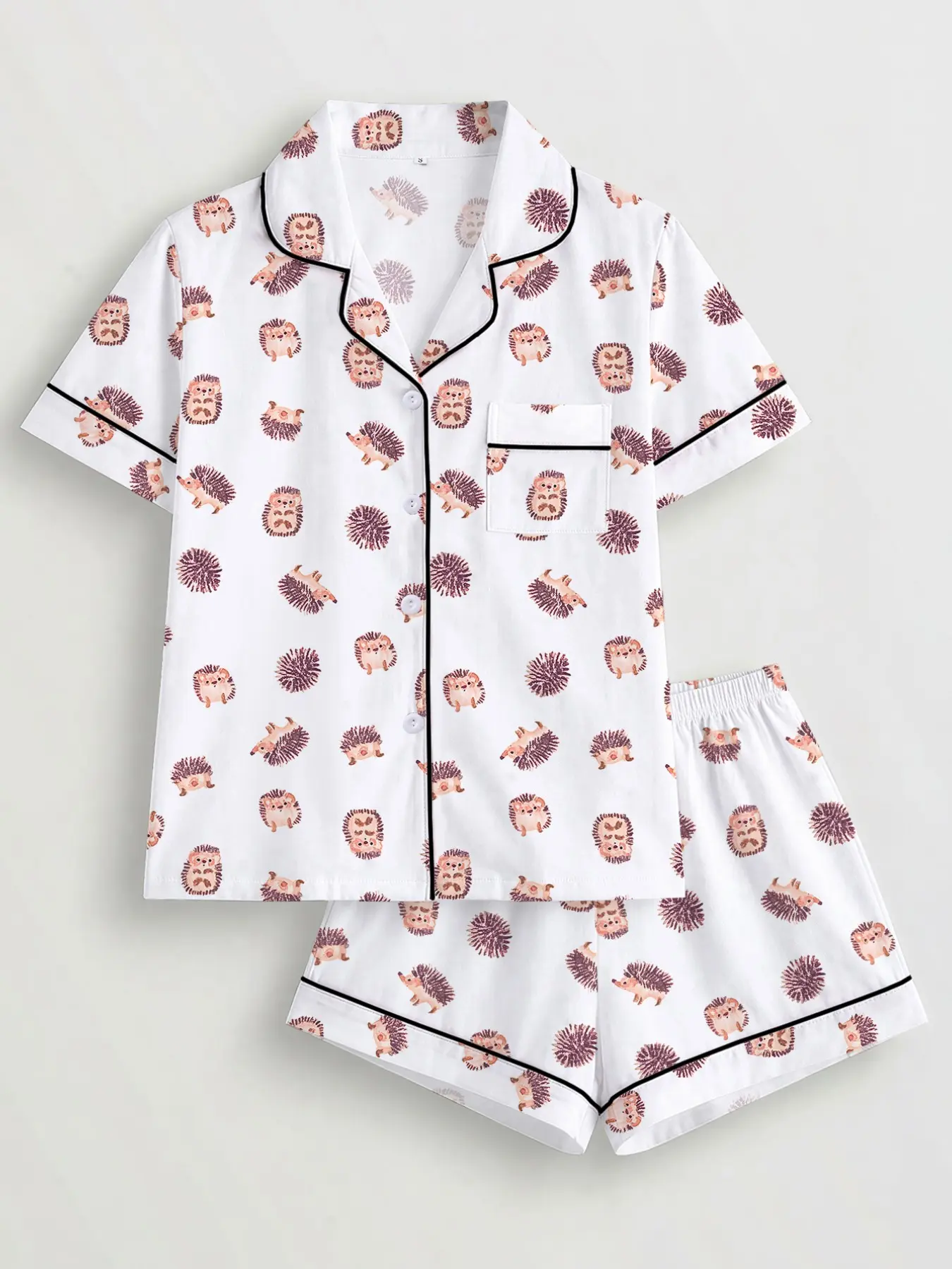 Women's 2-Piece Loungewear Pajama Set, Cute Hedgehog Print, Casual Fitted Sleepwear, Comfortable Short Sleeve Top & Elastic Shorts, All Seasons