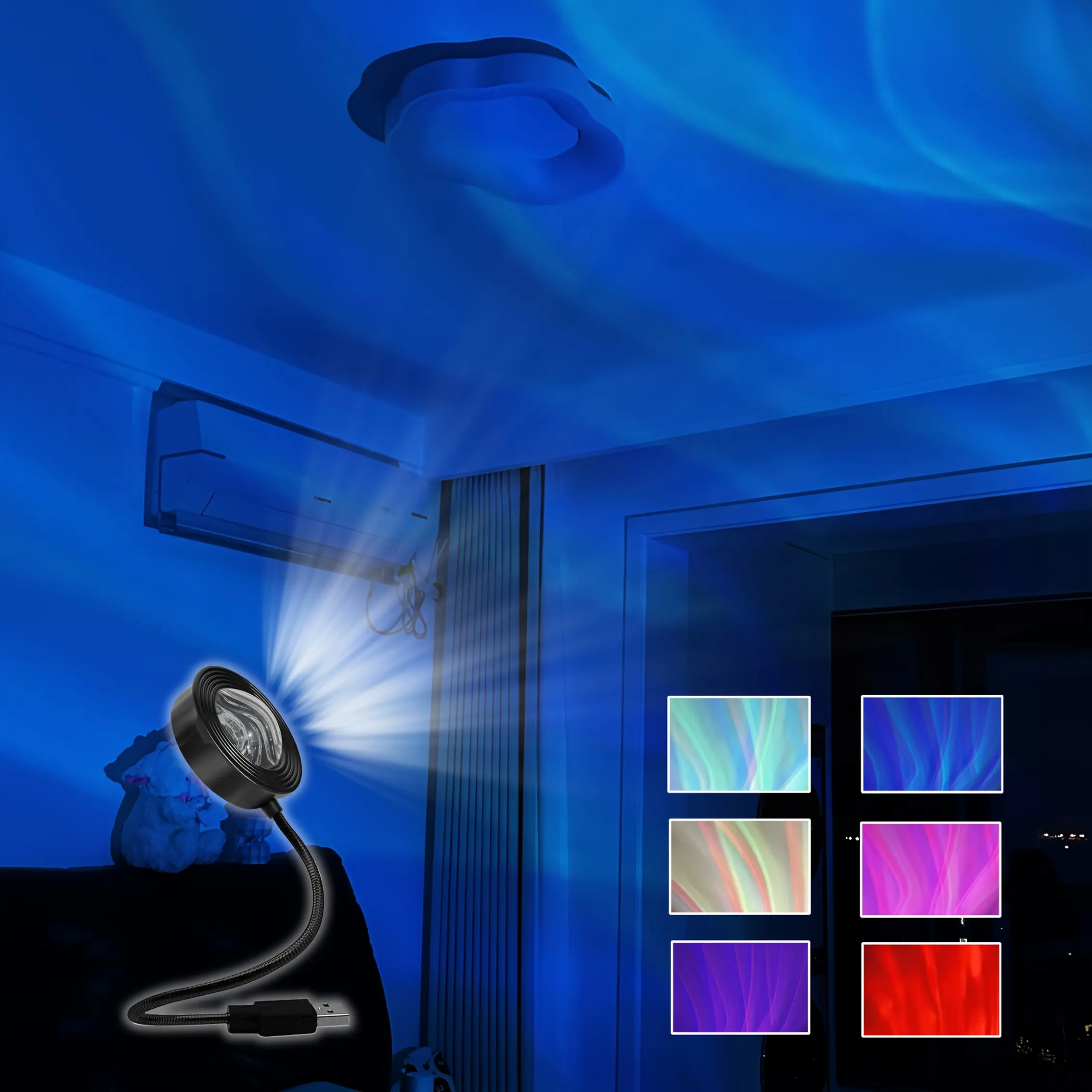 Northern Lights Projection Night Light with Aurora Effect - Color Changing LED, 360° Rotating Rod, USB Powered, Portable Colorful Aurora Bedroom Accessory