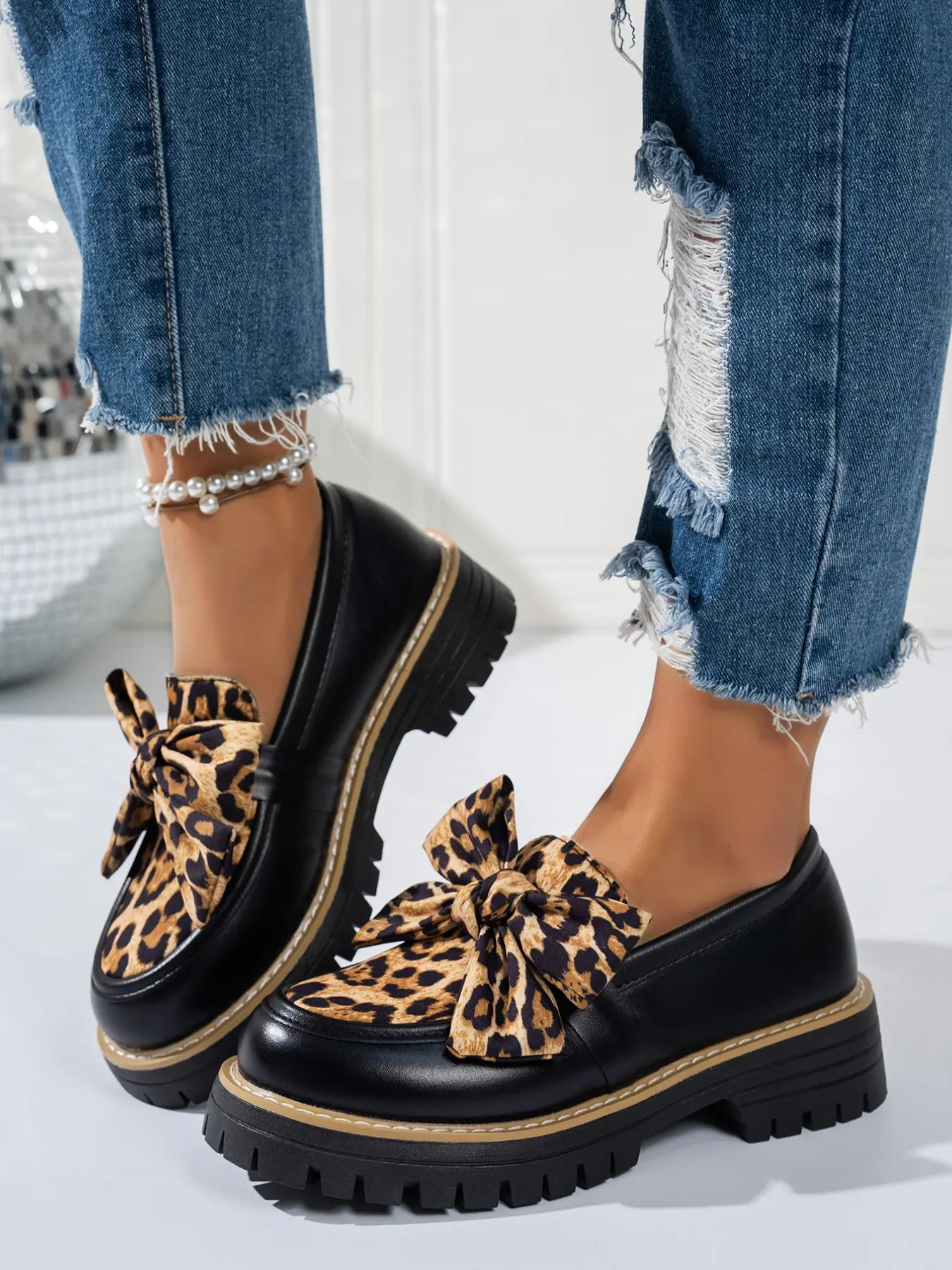 Women's Bowknot Loafers Slip On Flats Casual Fashionable Flats Flat Walking Shoes Spring & Fall 2026 New Style, Casual Trendy Flat PU Leather Shoes, Less Than Ankle Height, PVC Sole