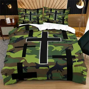 NO COMFORTER Multiple Size 3Pcs Camo Cross Christian Duvet Cover Set, 100% Microfiber, Breathable Durable, All Season Use, Religious Bedroom Aesthetic Decor