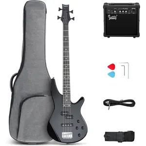 GLARRY 4 String Electric Bass Guitar Beginner Kit,GIB Series Full Size Solid Body Bass Guitar with 20W AMP, Gig Bag Backpack and Accessories (Black)