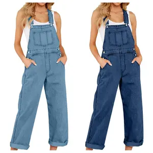 Oversized Denim Pocket Buckle Up Wide Leg Overall Jumpsuit