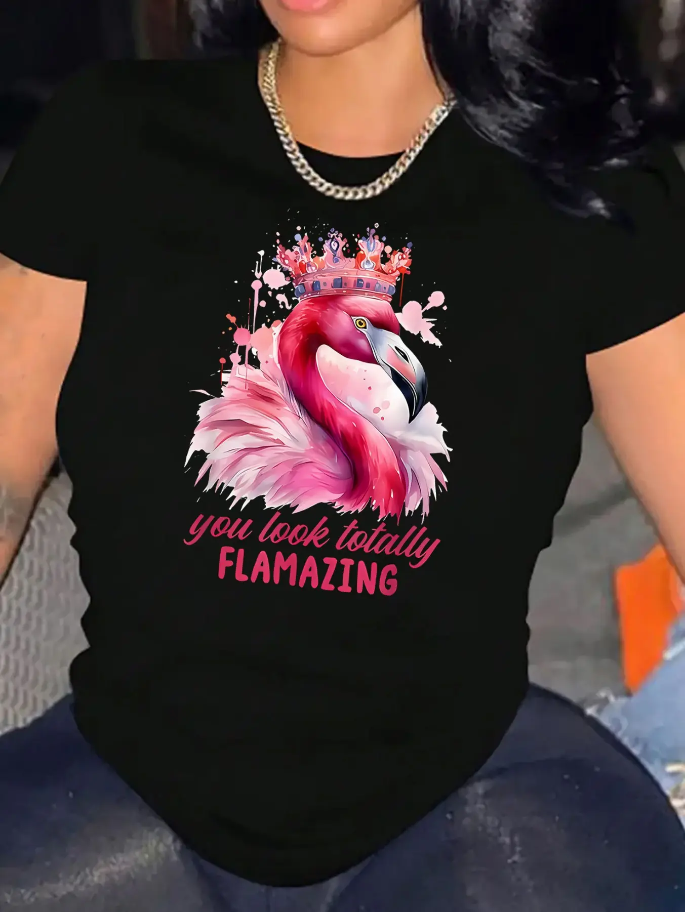 Ladies Casual Short Sleeve T-Shirt Pink Flamingo w unisex soft cotton short sleeve t shirt, vintage graphic casual tee for men women teens, perfect birthday holiday gift for camping travel gym daily street  wear