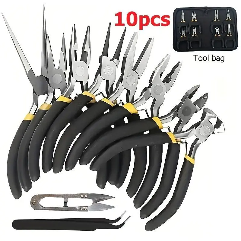 10pcs Multi-Purpose Pliers Set, Including Round Nose Pliers, Tooth Needles And Oblique Pliers, Pliers Pointed-node Pliers, U-shaped scissors, tweezers, Oblique Pliers, Round Bend Needle Nose Pliers, Indoor And Outdoor Mini Handmade DIY Repair Tools Set