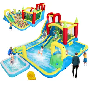 196x160x85 Inch 11-in-1 Inflatable Water Park Bounce Castle Wet & Dry Slide with Pool Water Gun Trampoline Climbing Wall Basketball Hoop Ring Toss Multicolor Oxford Fabric Backyard Play Center for Kids