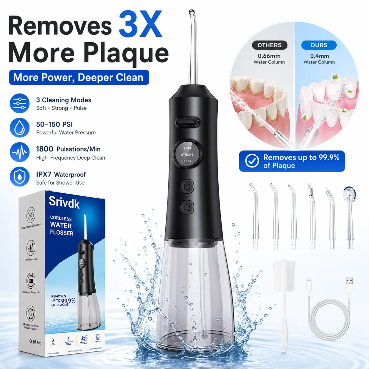 Cordless Water Flosser for Adults, Rechargeable Oral Irrigator to Deep Clean Plaque & Food Residue with 3 Modes & 6 Jet Tips, IPX7 Waterproof with 300ML Tank, Cleansing, Portable, Office, Hypoallergenic, Plastic, Travel Size