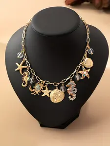 Boho Style Elegant Starfish Seahorse Crab Shell Oceanic Women's Pendant Charms Necklace, Spring Summer Chain Jewelry for Daily Vacation Beach Wear
