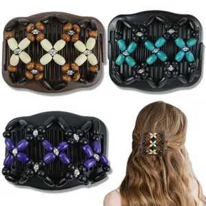 Unisex Casual 3-Piece Hair Clips - Stretchy Double Comb Magic Side Combs, Elastic Wood Beaded Bun Makers, Fashion Accessories for Curly Thick Wavy Hair (Purple, Blue, White)