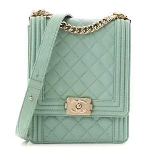 Pre-owned CHANEL Leather Shoulder Bags Calfskin Quilted North South Boy Flap Light Blue