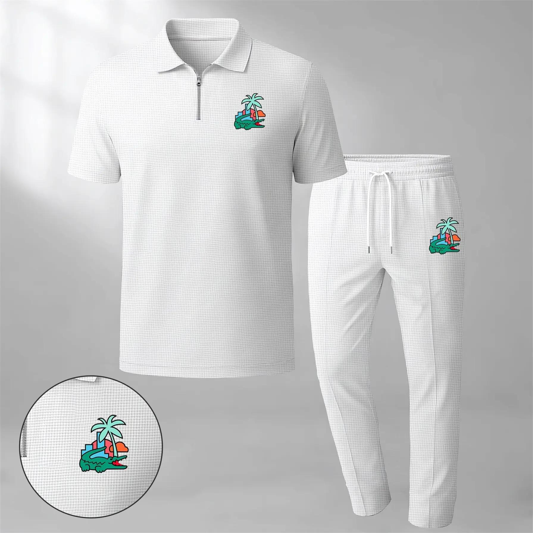 Men's two-piece set features a short-sleeve zip-collar polo shirt and matching trousers. Crafted from breathable, soft-textured waffle-knit fabric, it offers a comfortable, relaxed fit ideal for everyday casual wear.