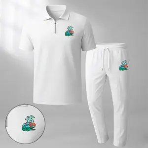 Men's two-piece set features a short-sleeve zip-collar polo shirt and matching trousers. Crafted from breathable, soft-textured waffle-knit fabric, it offers a comfortable, relaxed fit ideal for everyday casual wear.