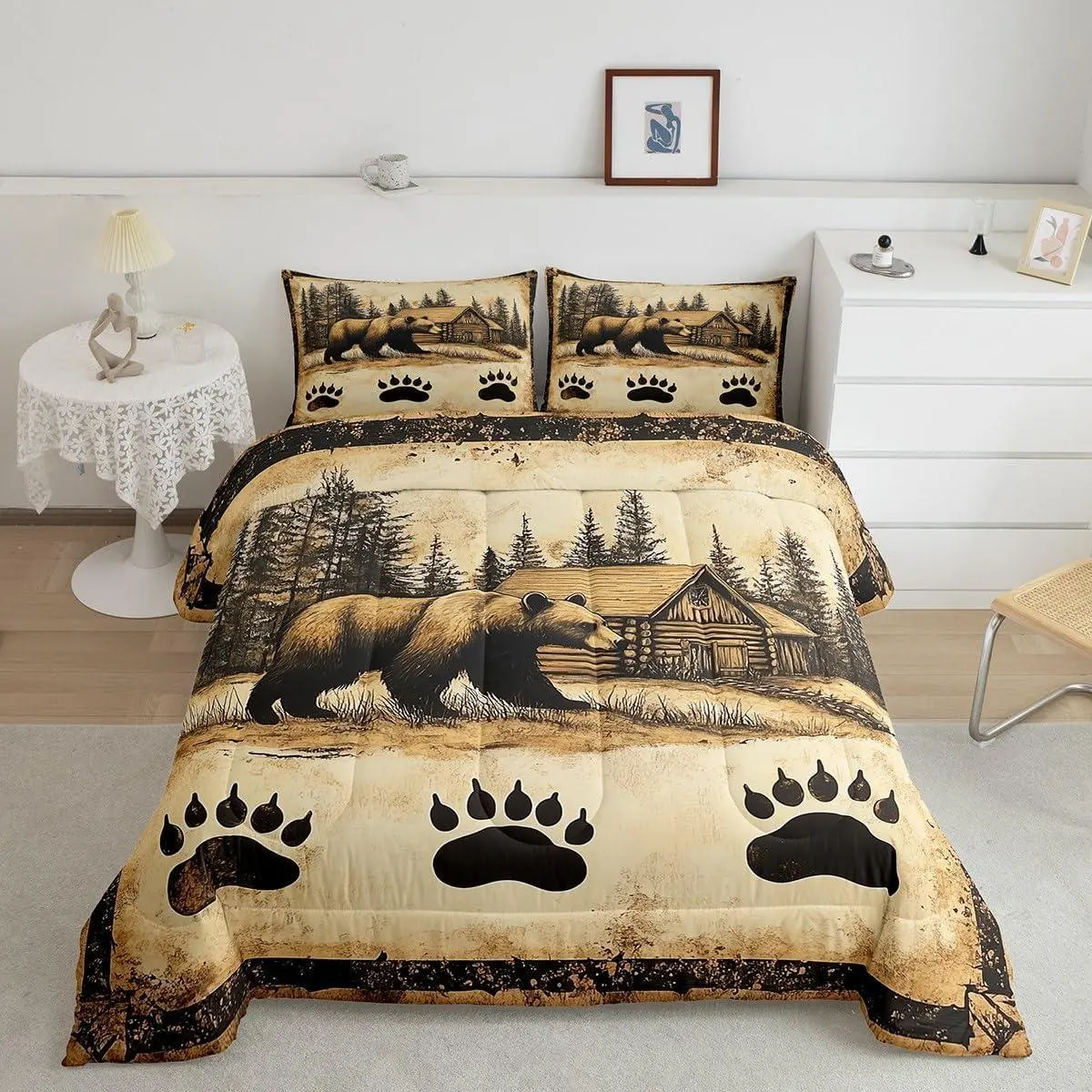 Bear Bedding Set Hunting Cabin Lodge Comforter Set Rustic Farmhouse Down Comforter Wild Bear Paw Quilt Country Jungle Duvet Insert Bedroom Decor