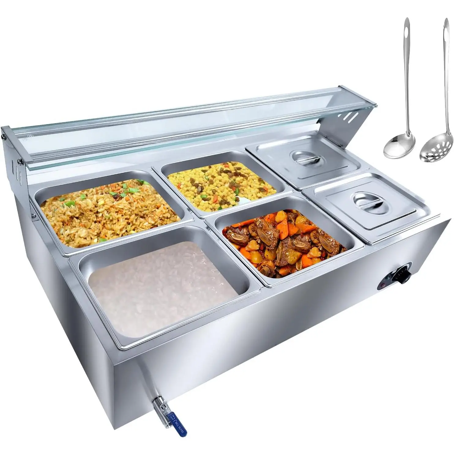 GARVEE 6-Pan Commercial Rectangular Buffet Table Food Warmer, 72 Qt 1500W Electric Bain Marie with 6 in Deep Pans, Tempered Glass Cover, Stainless Steel Countertop Steam Table 86-185°F Temp Control