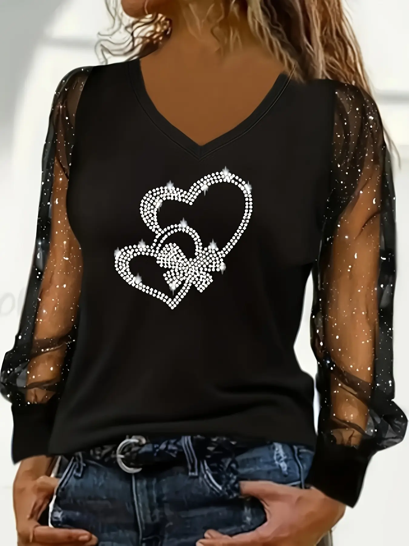 New V Neck Mesh Long Sleeve Sequins Rhinestone Heart Love Fitted Top, Elegant Casual Women's Blouse, Fashionable Party Wear, Stylish and Comfortable, Blouses Shirts Tops, Womenswear