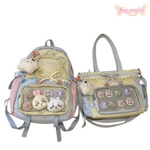 FAURALA Pastel Kawaii Ita Bag & Backpack Bundle - Cute Ruffle Trim Tote & Multi-Pocket School Bag Set | Clear Mesh Windows for Anime Pins & Plush Display, Adjustable Straps (Pins & Plush NOT Included)