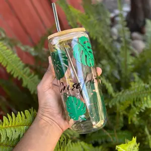 Iced Coffee Glass| Monstera and Daisies Glass Cup | Plant Mom | Custom Glass | Monstera Beer Can Glass | Libbey Glass Can