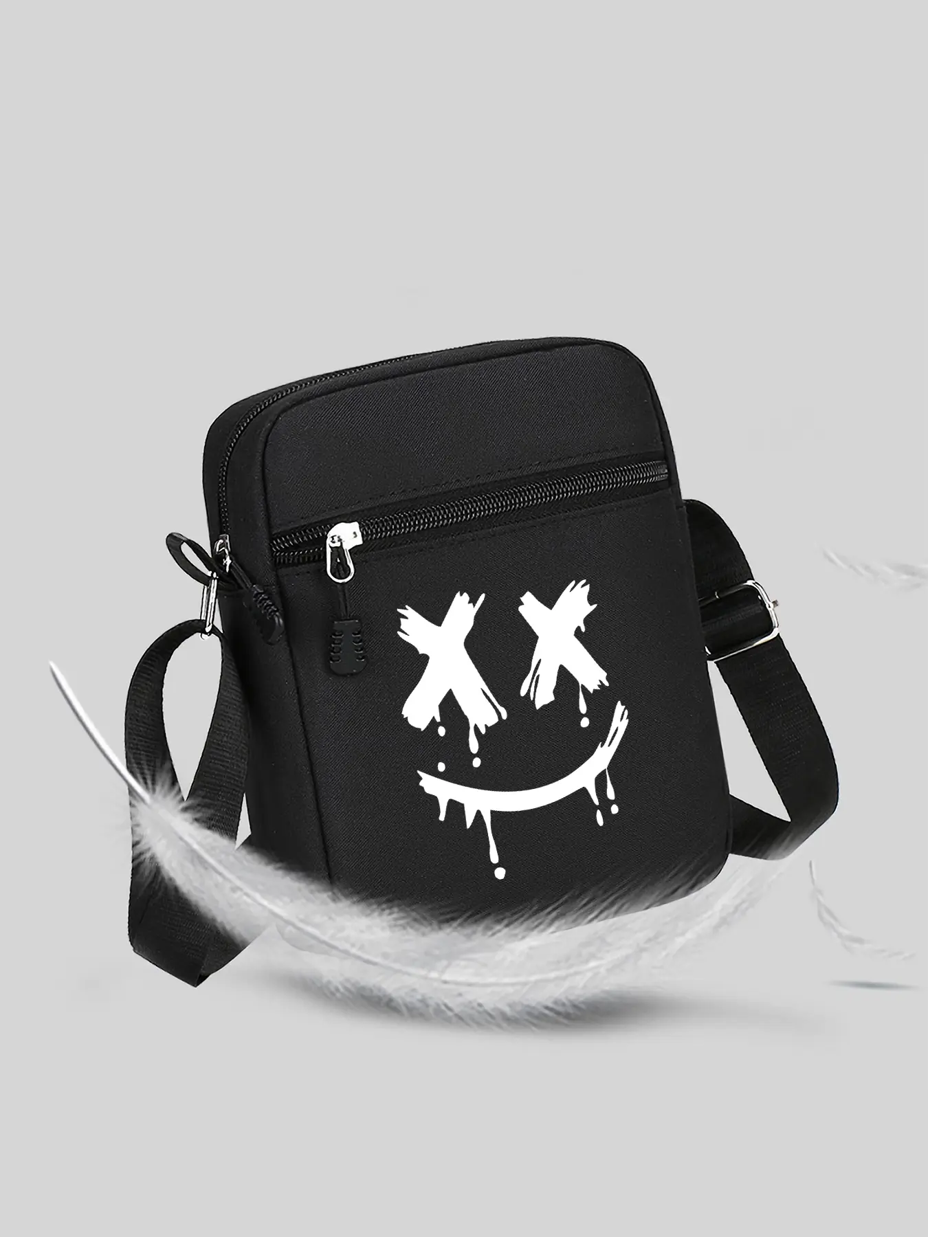 Graffiti Smiley Print Mini Crossbody Bag, Smiley Face Bag, black waterproof canvas shoulder bag, unisex casual commuter phone pouch. Trendy street-style storage bag, top choice for gifting.