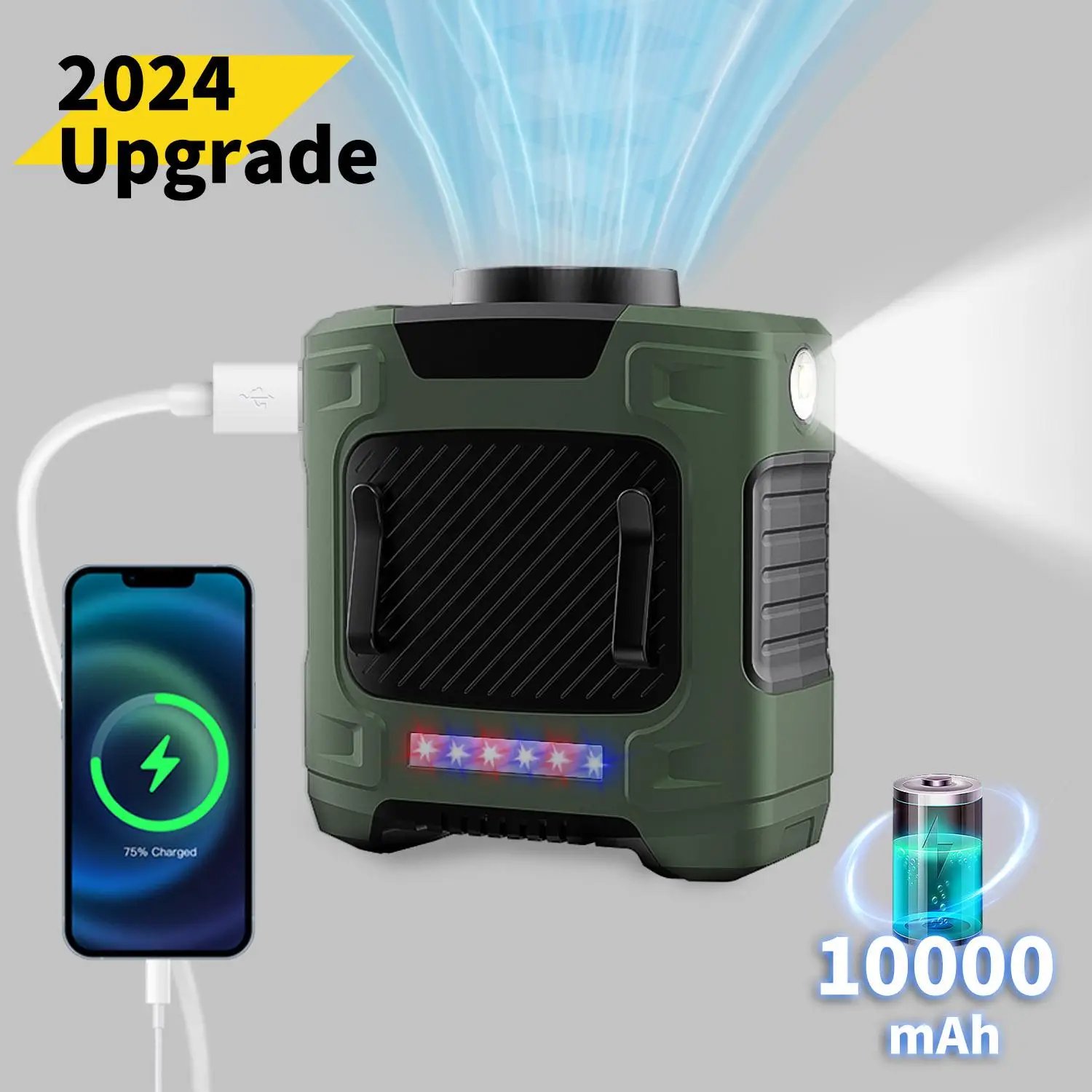 Summer Gifts 2024 Rechargeable Portable Fan, Waist Cooling Fan, 3-speed Adjustable Hanging Neck & Waist Design Fan with Power Bank & Emergency Lightin