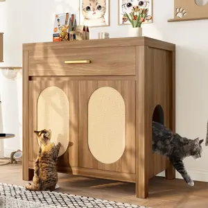 Cat Litter Box Enclosure, Hidden Cat Litter Box Furniture with Scratching Board Doors and Storage Drawer, Wooden Washroom Cat House Table Nightstand Box Cabinet, Espresso