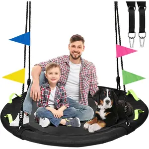 48 inch Tree Swing, Larger Saucer Flying Swing for Whole Family, 900lbs Weight Capacity, with Adjustable Hanging Straps, for Outdoor Backyard, Gifts for Kids, Black
