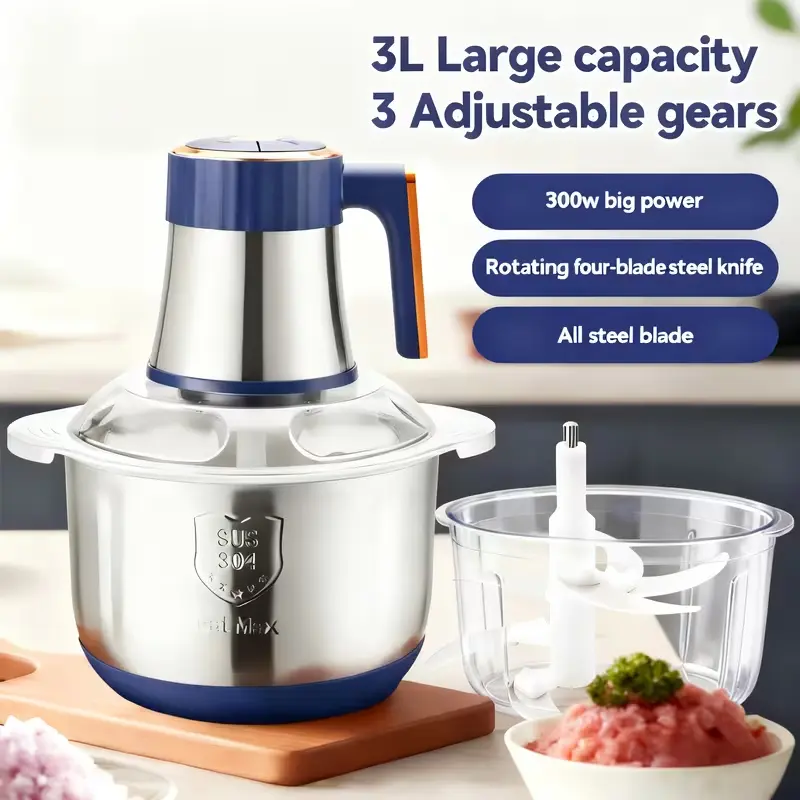 3L Electric Food Processor (Kitchen Appliances) - 300W, 4 Sharp Blades, 5 Speeds, BPA-Free 304 Stainless Steel Bowl, Easy Clean Kitchen Utensil for Family Meals, Vegetables, Sauces,home essentials homemakeover