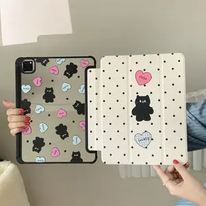 Cartoon heart-shaped little black cat mirror cute tablet protective case suitable for iPad 11th generation tablet protective case pro2025 new cute 10th generation air7/6 with pen slot anti-bending 11inch girls' tablet protective case