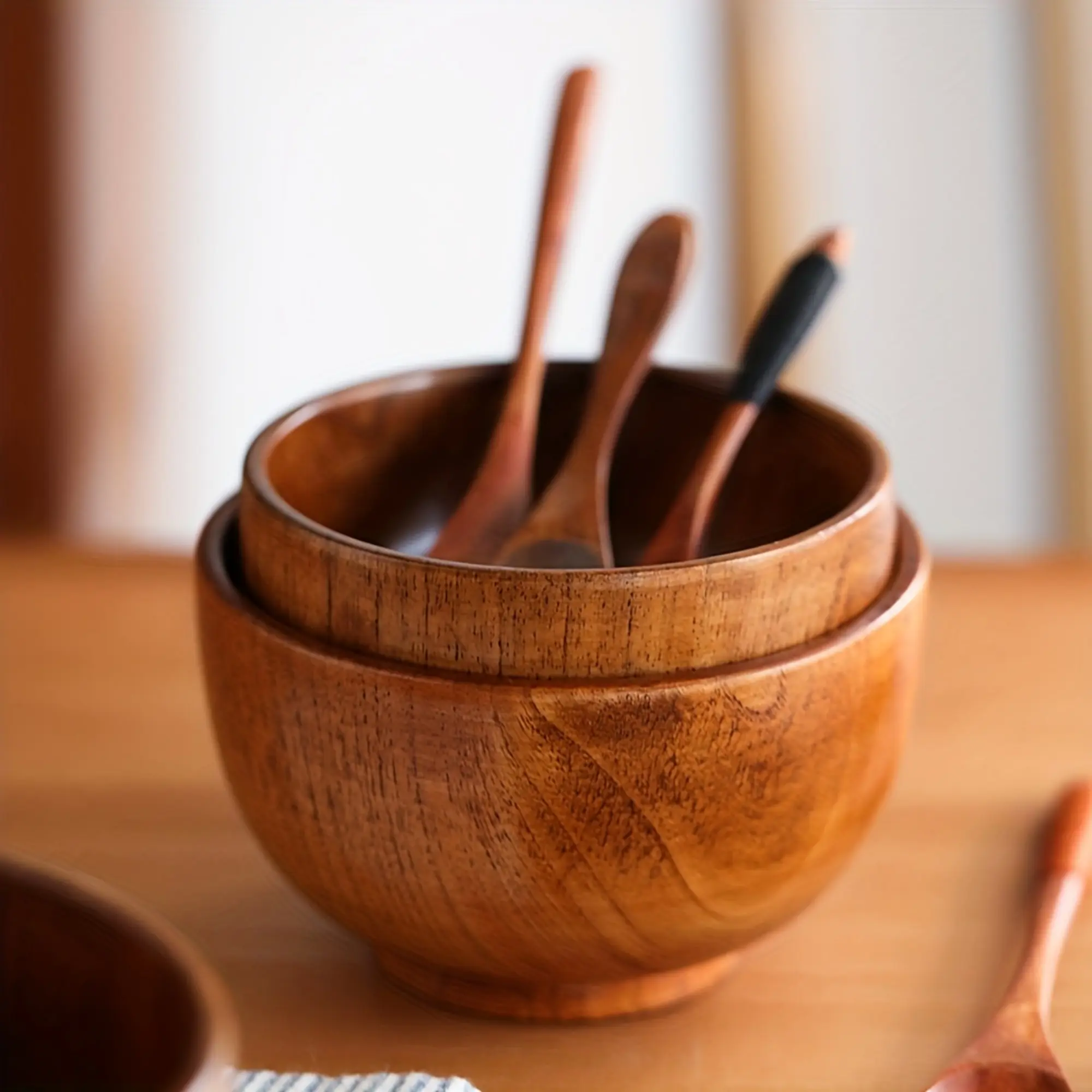 Rustic Natural Wood Hand-carved Tableware Set, 12-piece Set Of Wooden Bowls, Spoons, Forks And Chopsticks, Silky Hand-polished Texture, Multi-purpose Tableware For Family Dining