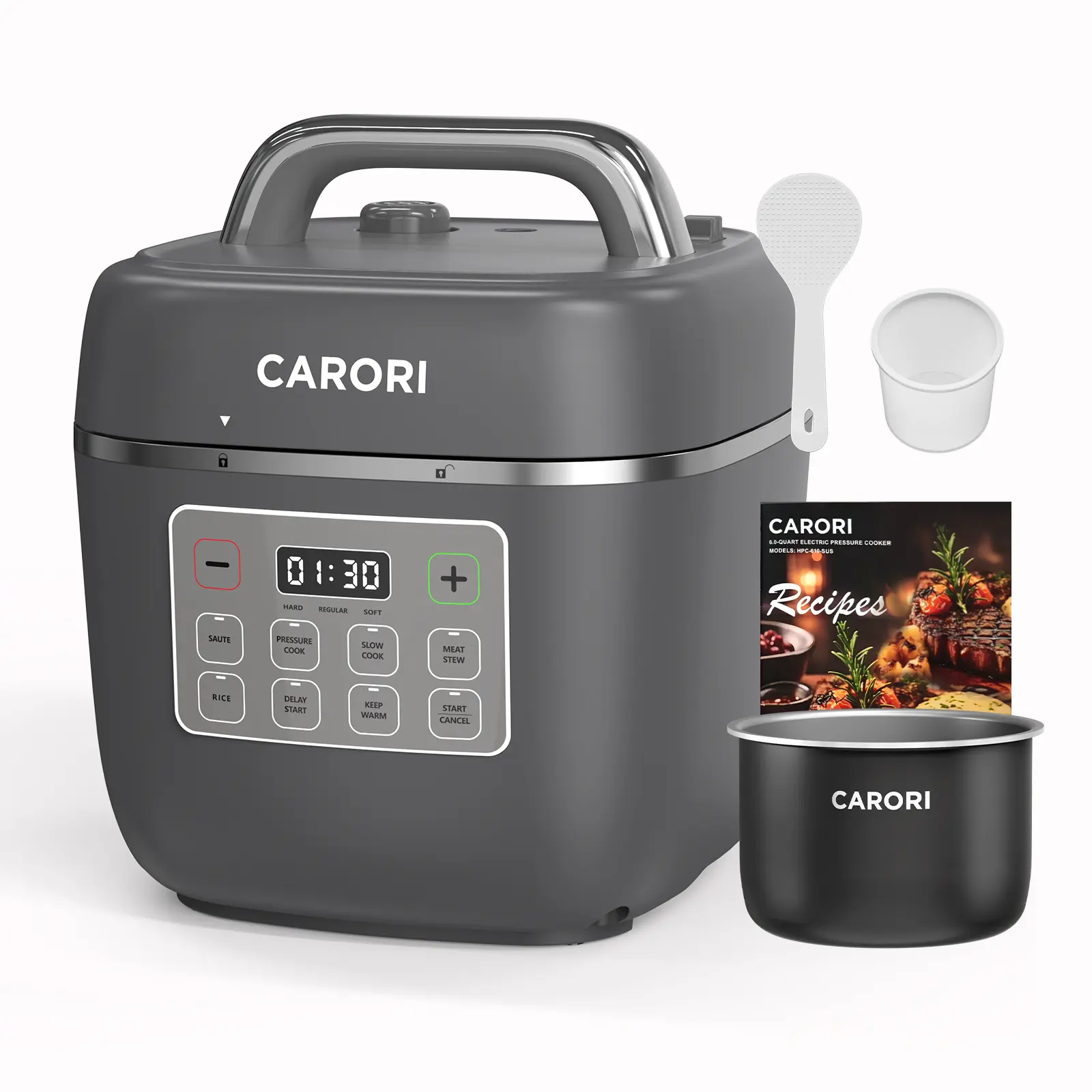 CARORI 3qt Capacity Electric Pressure Cooker - Multifunctional Cooker with 7 Preset Functions, Nonstick Inner Pot, Gray, Suitable for Porridge