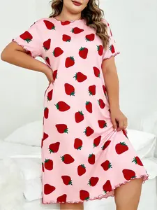 Plus Size Dress Women's Cute Strawberry Print Long Nightgown, Folded Hem Home Dress, Spring Summer Fashion, Comfortable Daily Wear, Loungewear, Nightwear